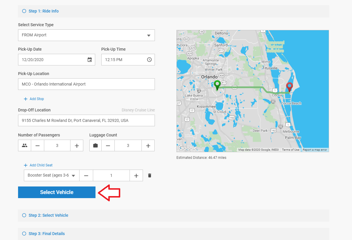 Florida Magical Tours reservation form showing where to enter ride information