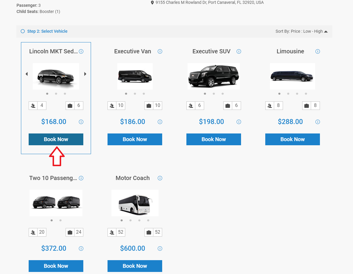 Florida Magical Tours reservation form showing vehicle selection